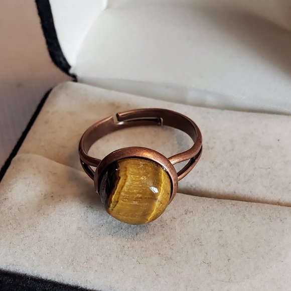 Bronze Tone Adjustable Tiger's Eye Ring Artisan - Picture 2 of 3